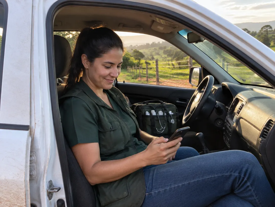 Veterinária sentada na caminhonete olha o celular entre uma visita e outra