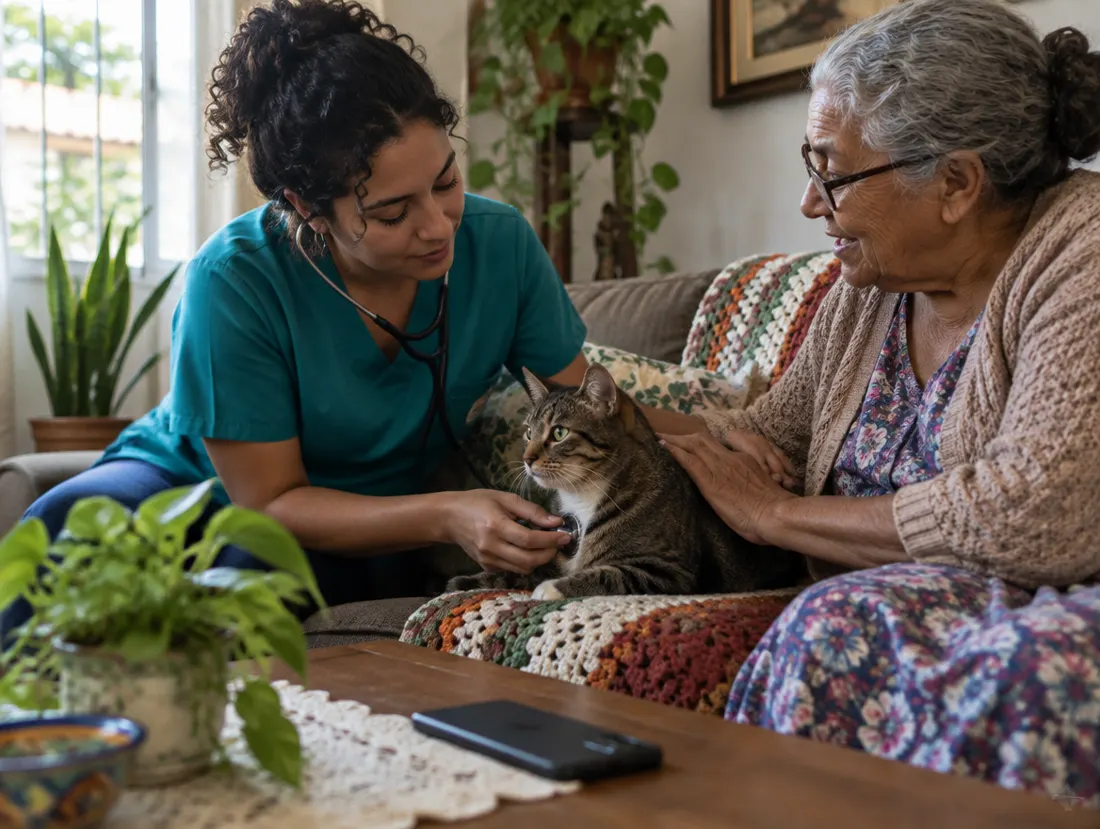 Veterinária examina uma gata no sofá ao lado da tutora idosa