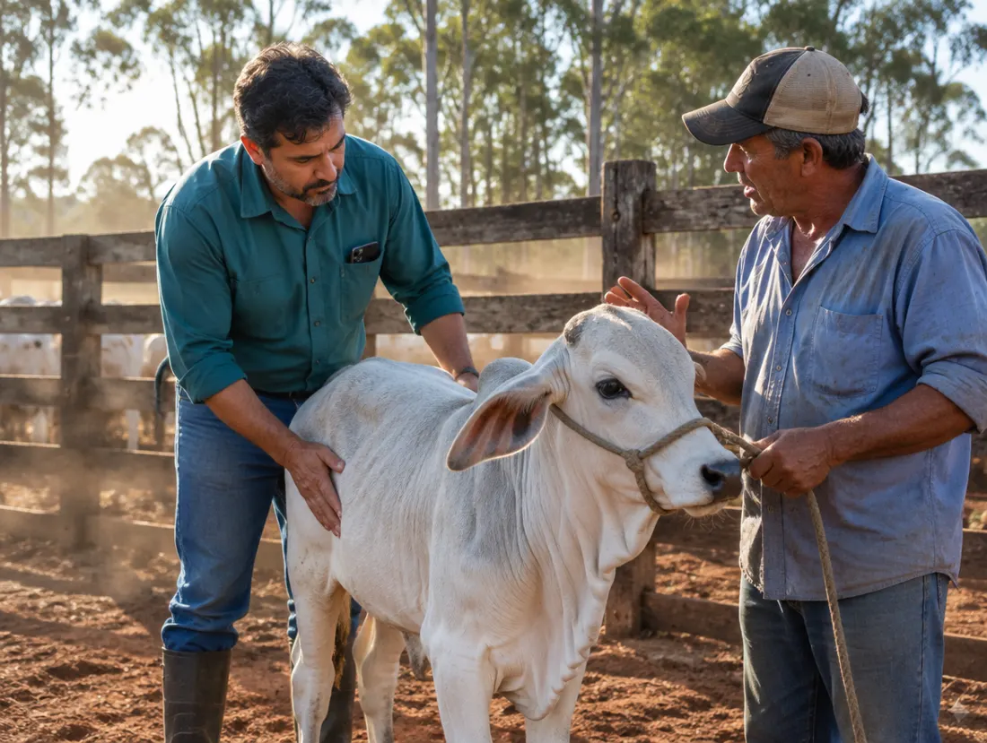 Veterinário examina um bezerro Nelore no curral enquanto o produtor segura o cabresto